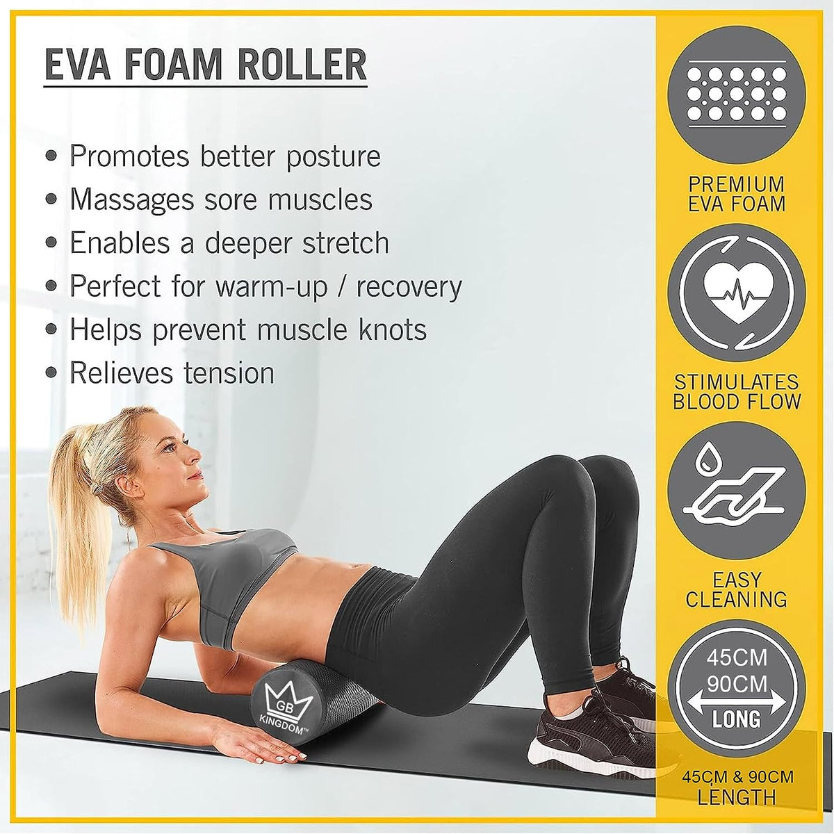 Kingdom GB EVA Foam Rollers Fitness Balance Training Exercise Roller for Trigger Point Self Massage and Muscle Tension Relief Massage for Back, Legs, Workouts, Gym, Pilates, Yoga 45cm